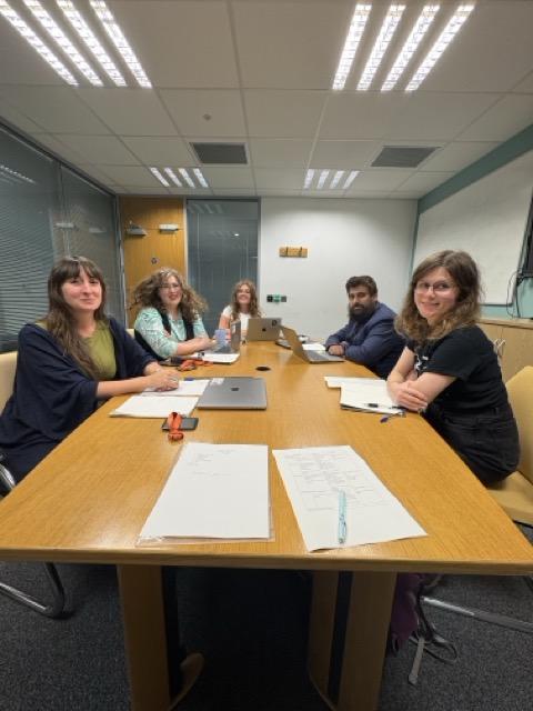 A picture of five researchers around a conference table
